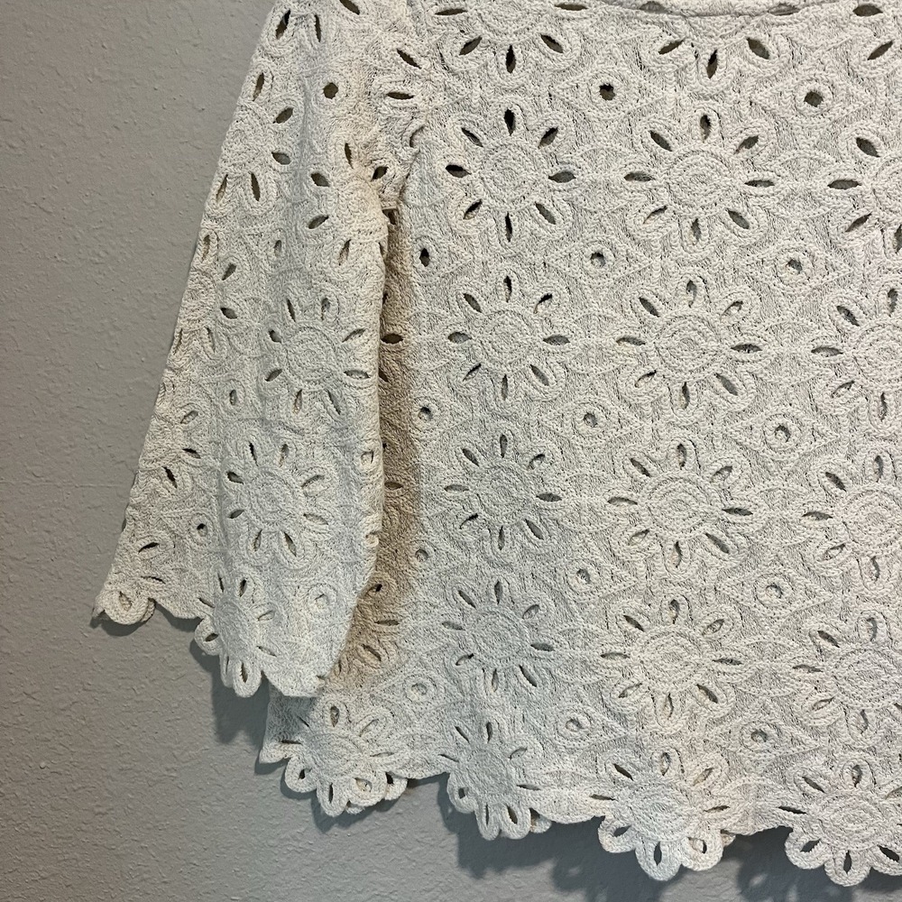 J. Jill Women's Barley Crochet Top Petite S Cream Floral Eyelet 3/4 Slv Cottage - Picture 4 of 8